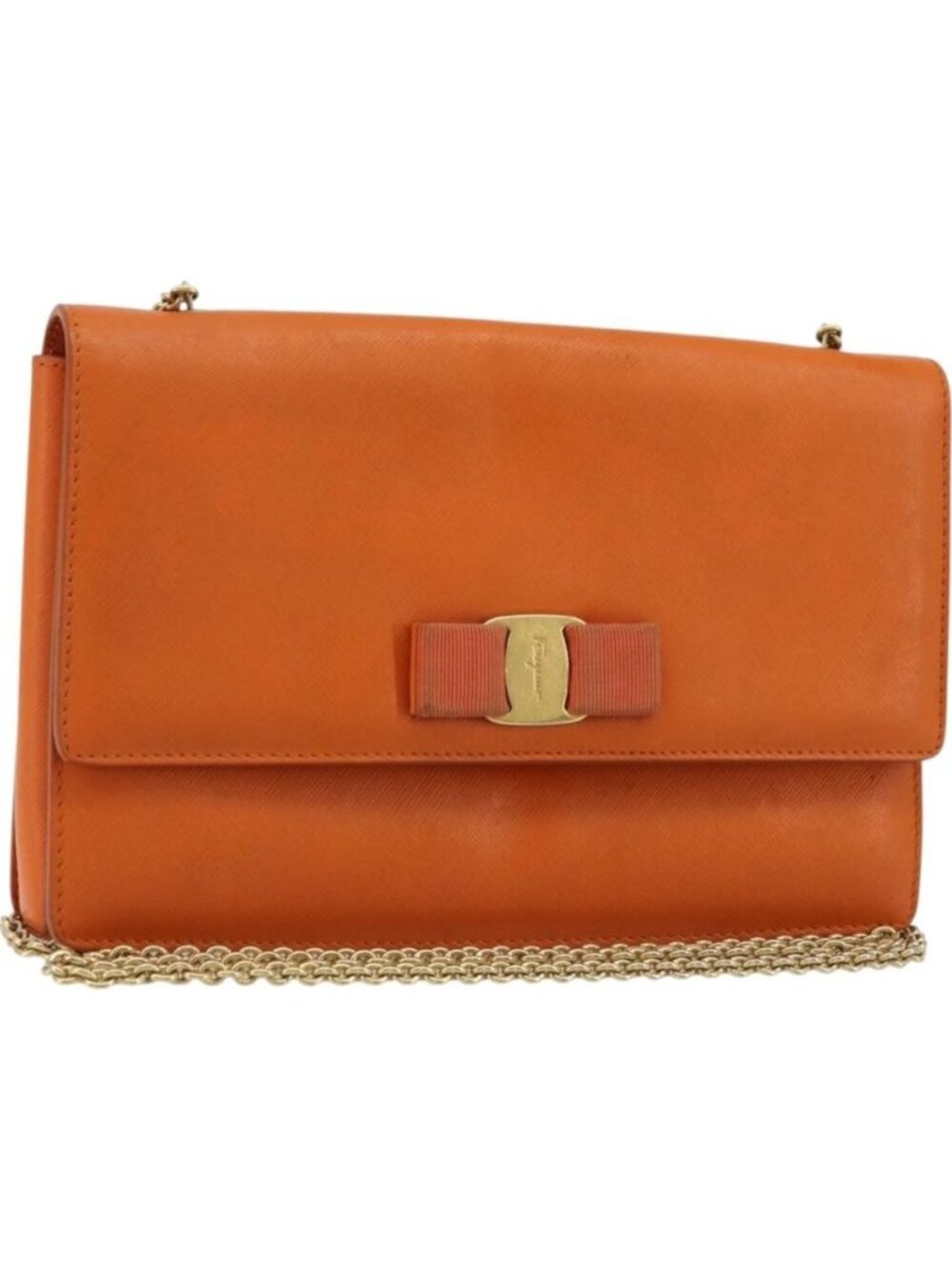 Salvatore Ferragamo Vala Chain Shoulder Bag Leather Orange Gold